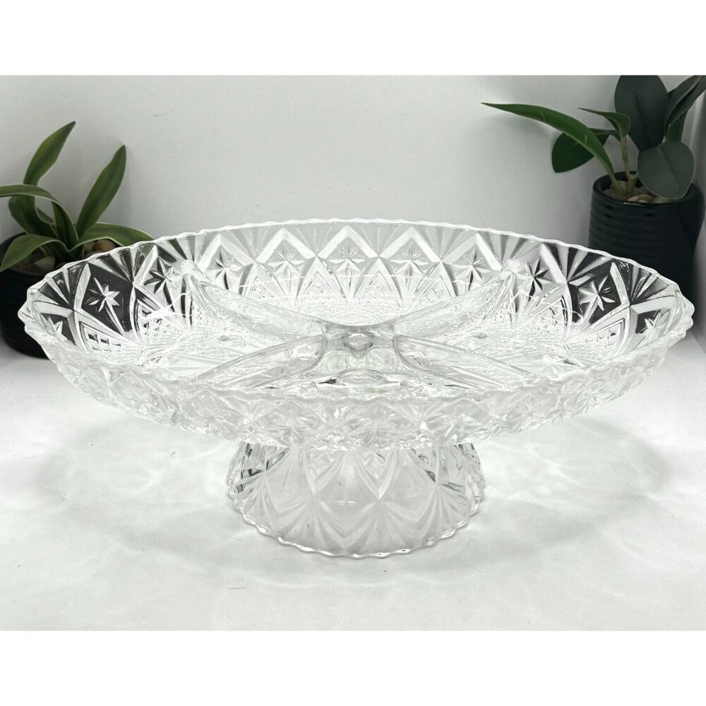 Heritage Anchor Hocking Vintage Clear Crystal Cut Glass 4-Footed Divided Relish